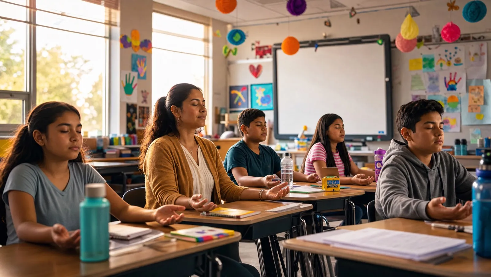A special education classroom of students sitting upright with eyes closed during a daily audio-guided mindfulness practice