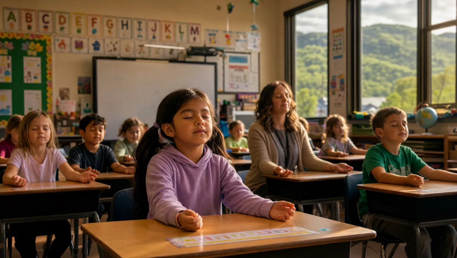 A classroom of young elementary students sitting upright with eyes closed during the morning mindfulness practice