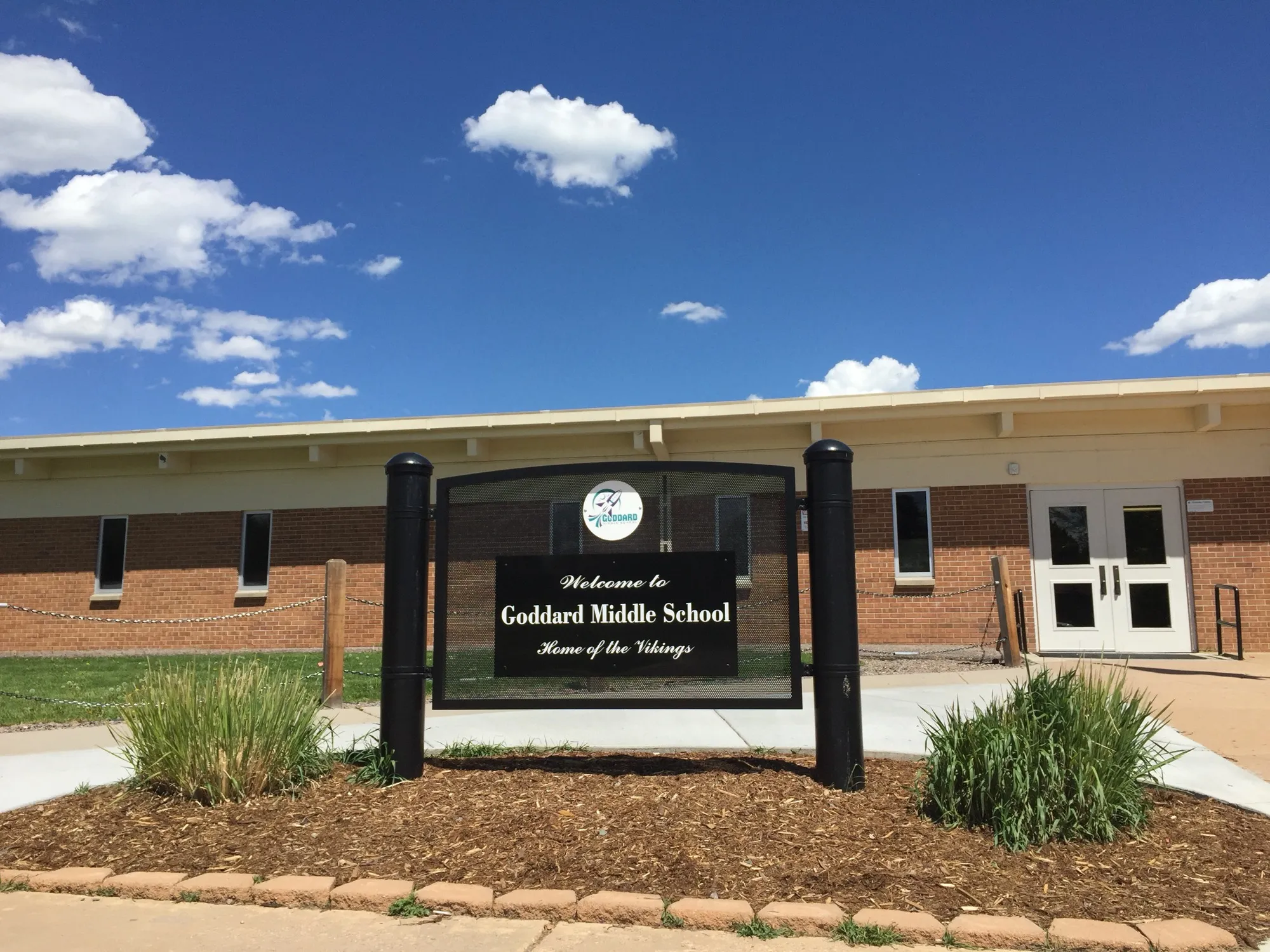 The entrance sign at Goddard Middle School in Littleton, Colorado