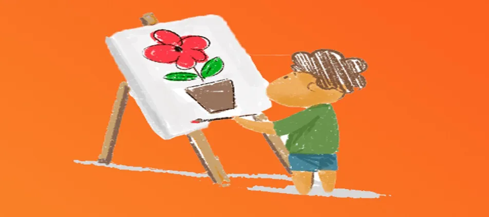 Illustration of a bear painting a flower at an easel