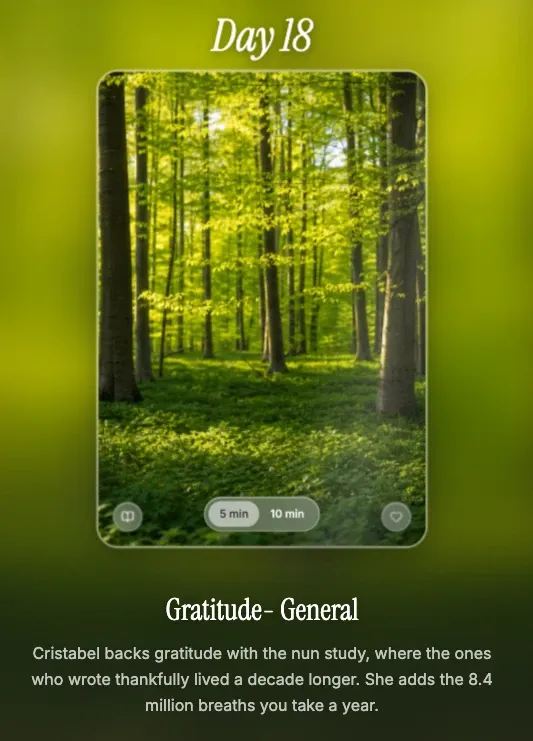 The Inner Explorer practice player showing Day 18, Gratitude: General, with 5 and 10 minute options and a short description of the practice.