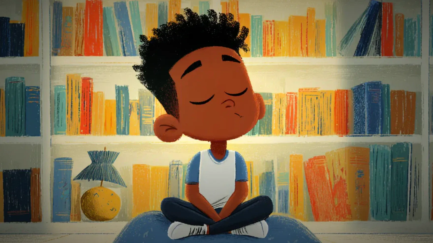 An illustrated boy sitting cross-legged with his eyes closed in front of bookshelves, from the Day 3 practice Introduction to Breathing