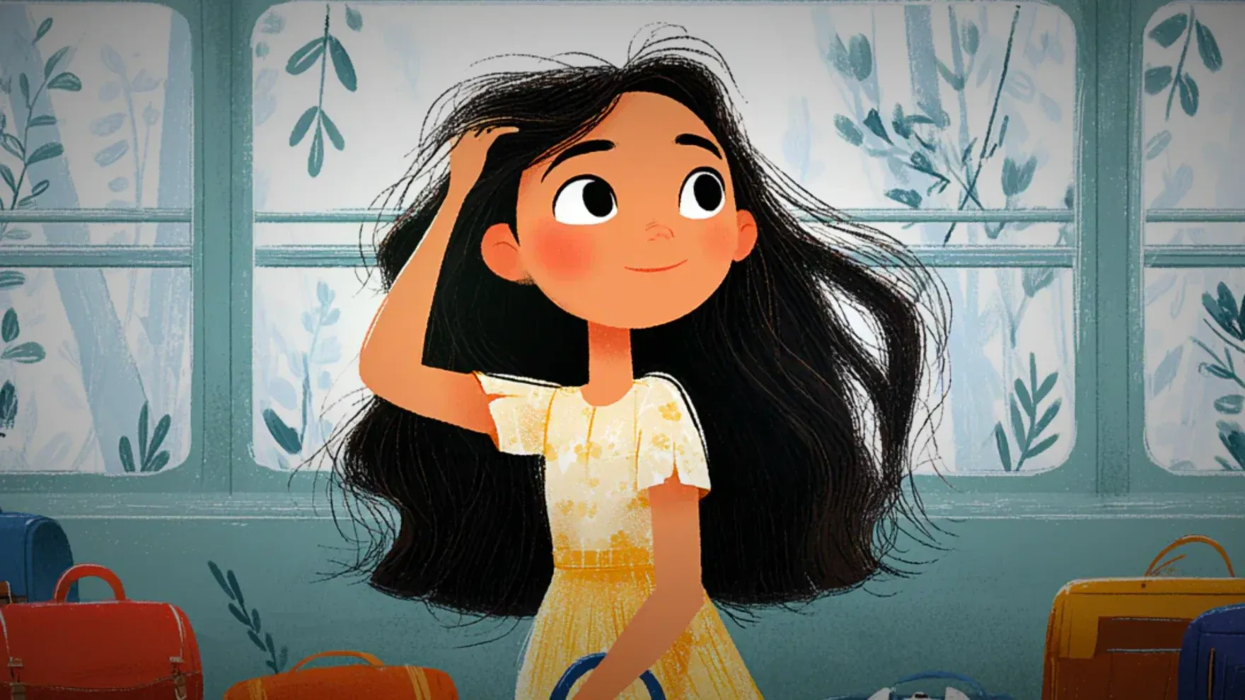 An illustrated girl with long dark hair, her hand on her head, from the Day 8 practice Shark Fin Anytime