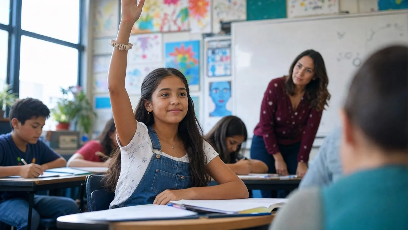 A student raising her hand in class while her teacher helps a classmate