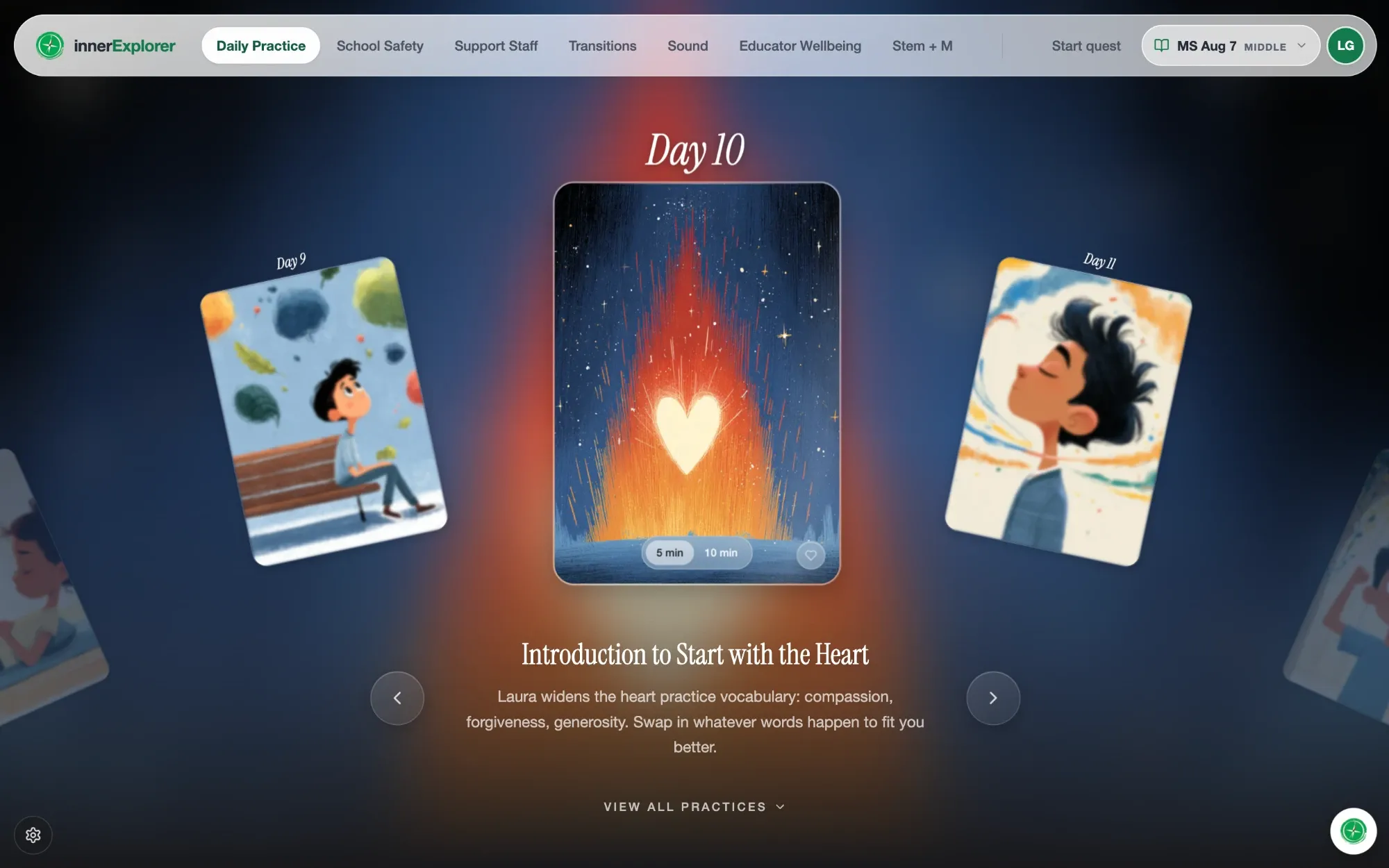 Inner Explorer Daily Practice screen: the Day 10 practice card, Introduction to Start with the Heart, with 5 and 10 minute options and the Day 9 and Day 11 cards on either side
