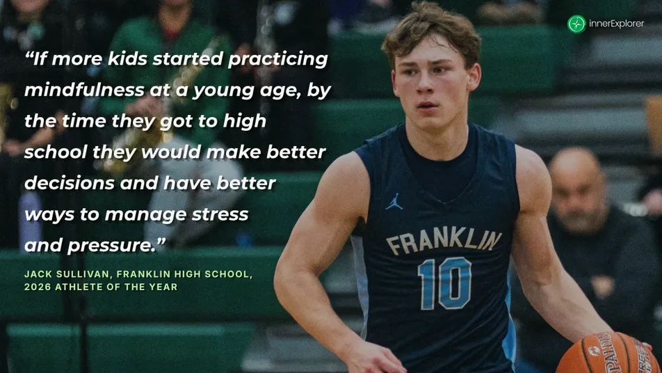 Jack Sullivan, Franklin High School's 2026 Athlete of the Year, driving up the court in his Franklin number 10 jersey, beside his quote about kids practicing mindfulness at a young age