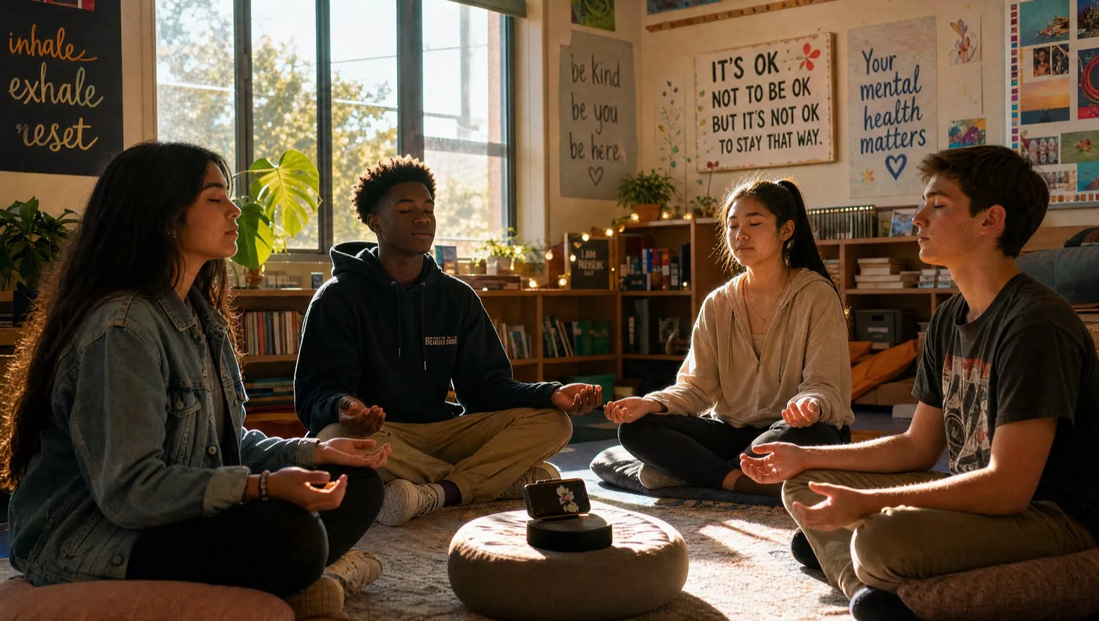 A circle of high school students in a Wellness Advisory meeting, sitting upright with eyes closed